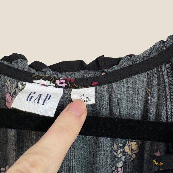 GAP Black Ruffled Neck Long Puffed Sleeve Micro Floral Print Blouse Size XL - Picture 6 of 9